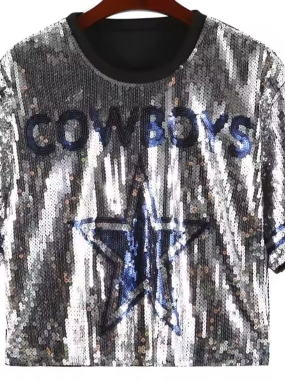 Dallas Cowboys Sequin Star Ladies Cropped Jersey - Silver with Blue Accents